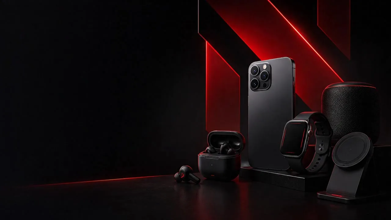 Composición de tecnología NOVEX: audífonos, celular, reloj y accesorios